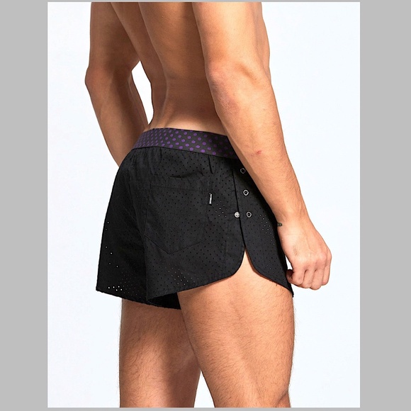 SEOBEAN MENS BLACK MESH SHORTS SIDE SPLITS WITH SNAPS ATHLETIC BEACH TRUNKS - Picture 7 of 14
